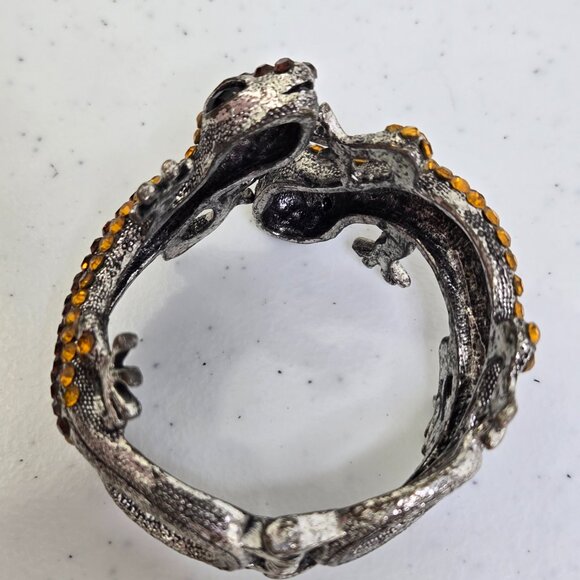 Lizard Gecko Rhinestone Bracelet Clamper Cuff Silver Tone Orange Statement - Picture 8 of 9